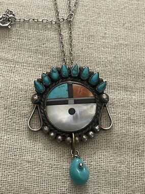 Turquoise Cuchina Inlay Statement Pendant Necklace - Women Jewelry